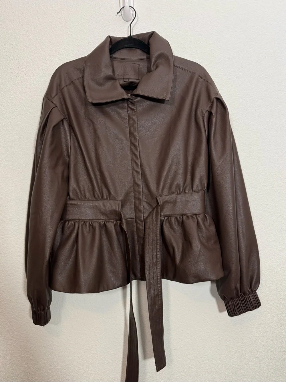 Marie Oliver Brown Faux Leather Peplum Jacket‎ Belted Quiet Luxury Romantic Coat
